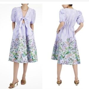 INC V neck floral printed purple midi cut out puff sleeve milkmaid dress XL